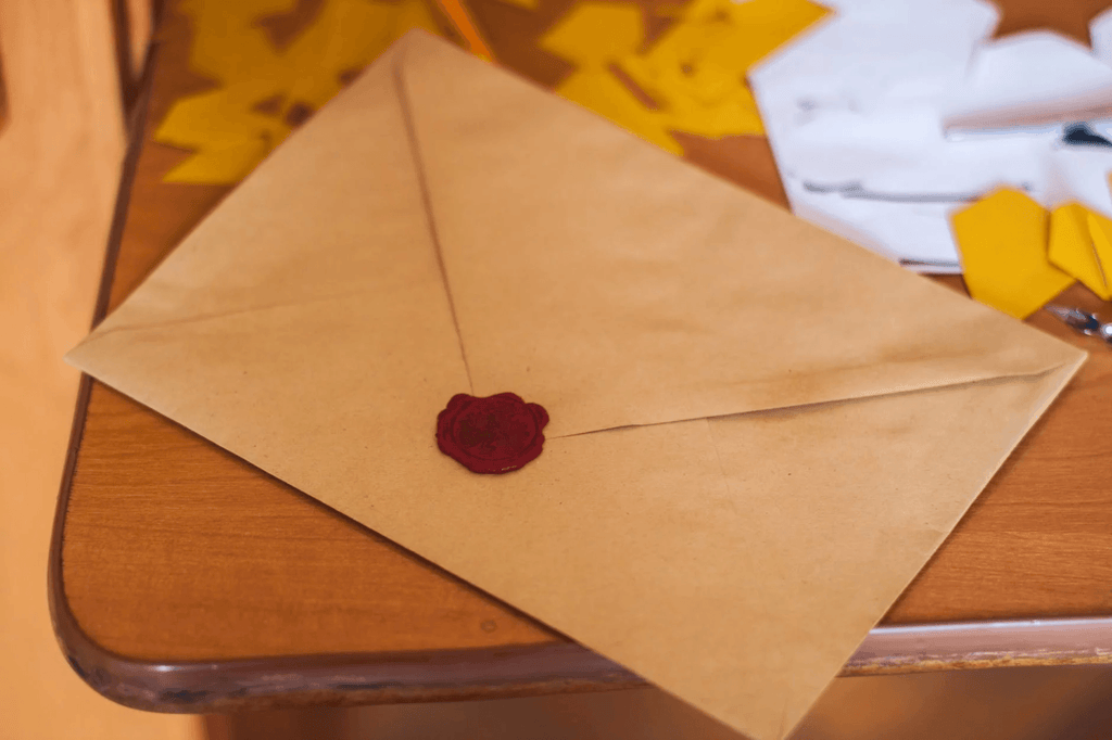 An unopened envelope and red seal with a thank you note inside.